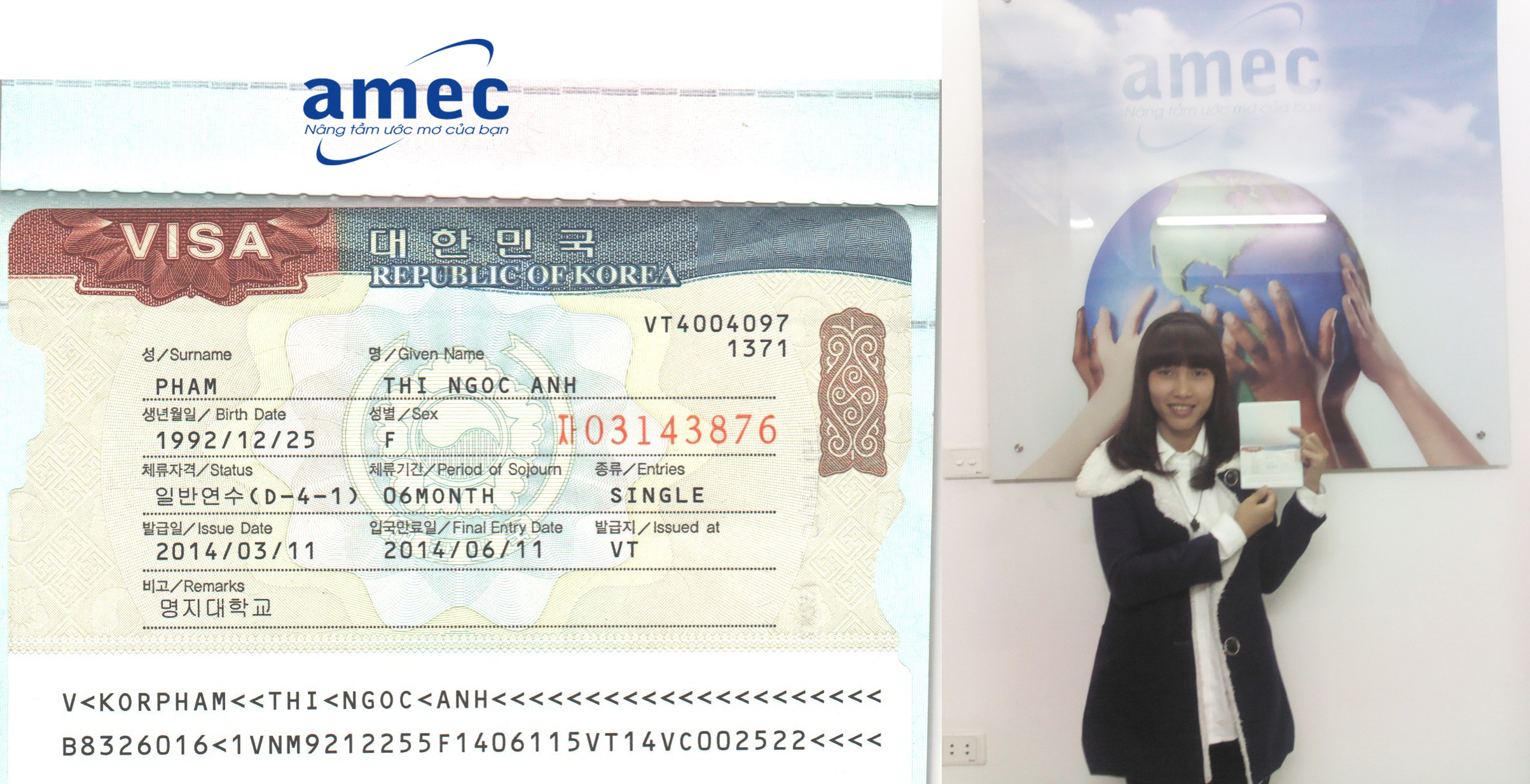Bạn Phạm Thị Ngọc Ánh học chương trình tiếng & đại học tại trường Myongji kì nhập học tháng 3/2014 đã có visa ngày 17/3/2014.